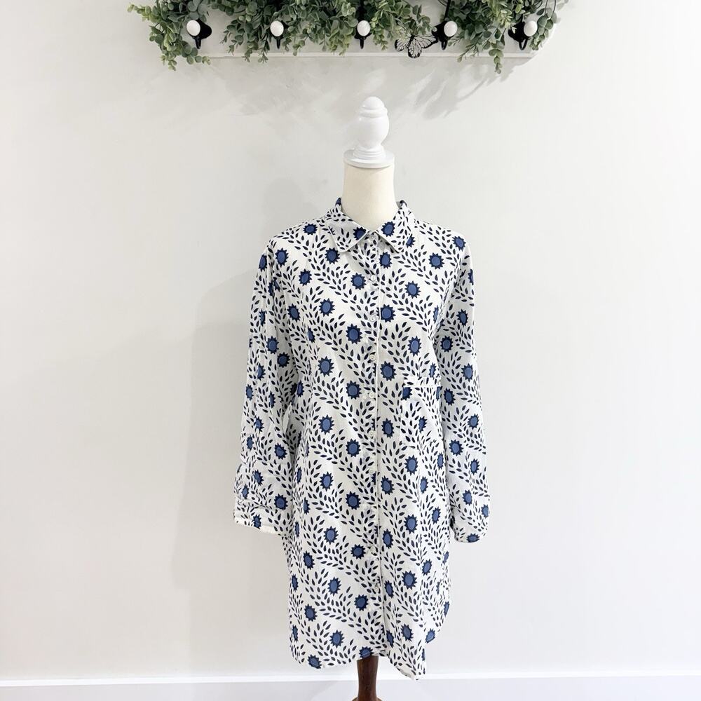 Julia Amory The Ja Husband Shirt Button Up Collared Floral Print Blue Size XL